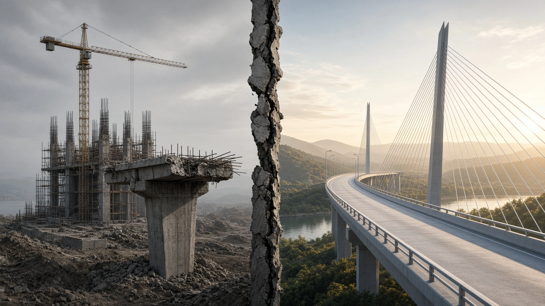 A half-built concrete structure beside a finished suspension bridge, illustrating why partial marketing investment fails